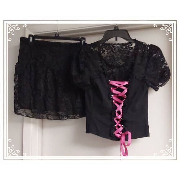 Dolls Kill Dresses & Skirts - NWT~WIDOW DOLLS KILL Black Lace & Pink Tie Top & Mini Skirt XL